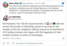Səfir Musəvidən təbrik: “İran xalqı Azərbaycan xalqının sevincinə sevinir” iran-twit