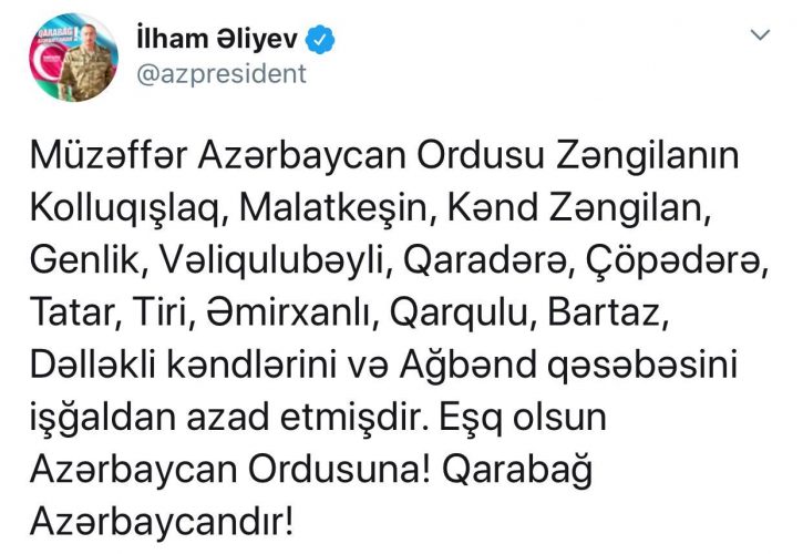 Azərbaycan Respublikasının Prezidenti İlham Əliyev özünün rəsmi “Twitter” səhifəsində bildirib