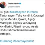 Bu gün Azərbaycan Ordusu daha bir neçə kəndi işğaldan azad edib
