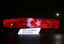 Bakı Olimpiya Stadionu Türkiyə bayrağı ilə işıqlandırılıb Bakı Olimpiya Stadionu