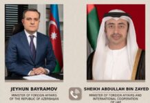 Azərbaycanın xarici işlər naziri Ceyhun Bayramov və Birləşmiş Ərəb Əmirliklərinin xarici işlər və beynəlxalq əməkdaşlıq naziri Şeyx Abdullah bin Zayed Əl Nəhyan