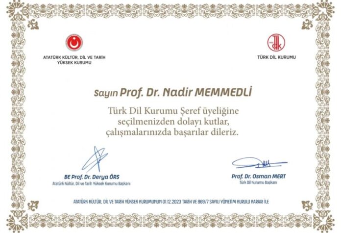Professor Nadir Məmmədli Türk Dil Qurumunun fəxri üzvü seçilib