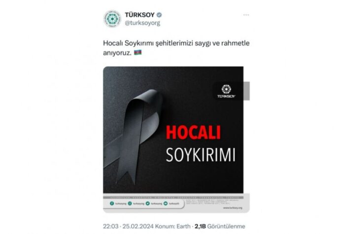 Beynəlxalq Türk Mədəniyyəti Təşkilatı - TÜRKSOY Xocalı soyqırımının 32-ci ildönümü ilə bağlı paylaşım edib